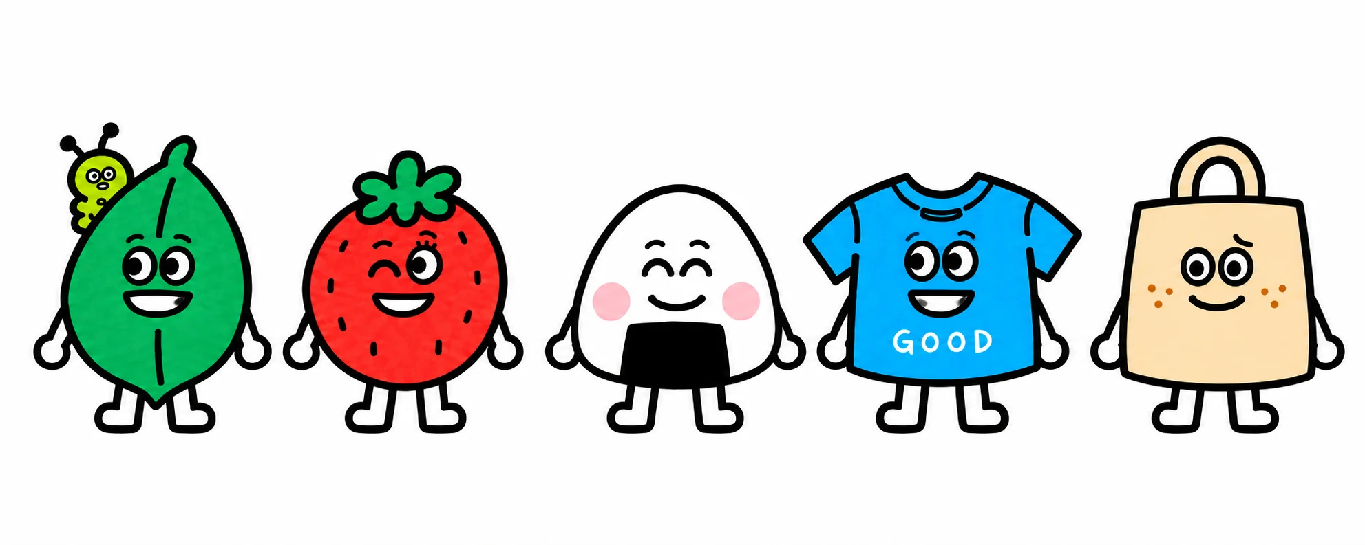 はっぱち、いちか、もぐた、きまる、えこば。5人のなかまが応援しているよ。
